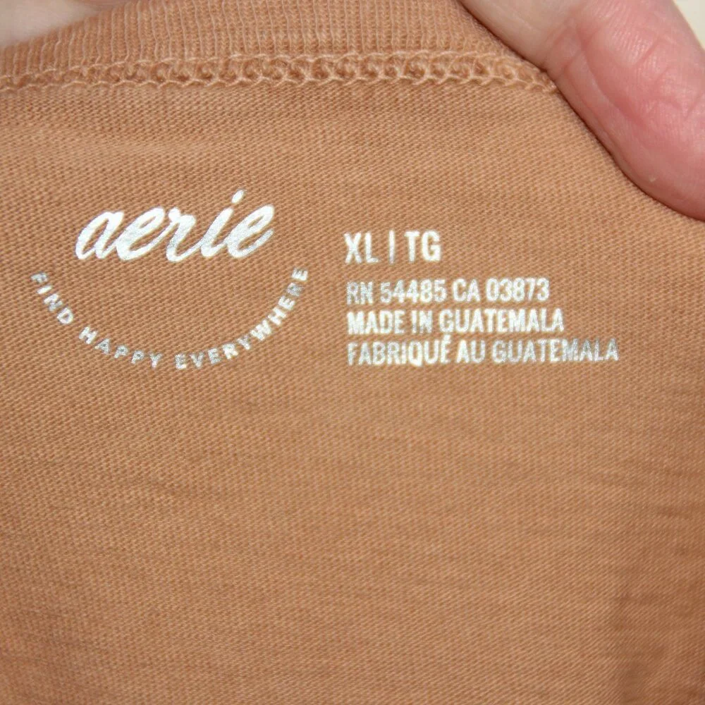 Aerie Women's Distressed Hem Oversized V-neck Shirt, Size XL Tan Cotton Comfort - Picture 7 of 7